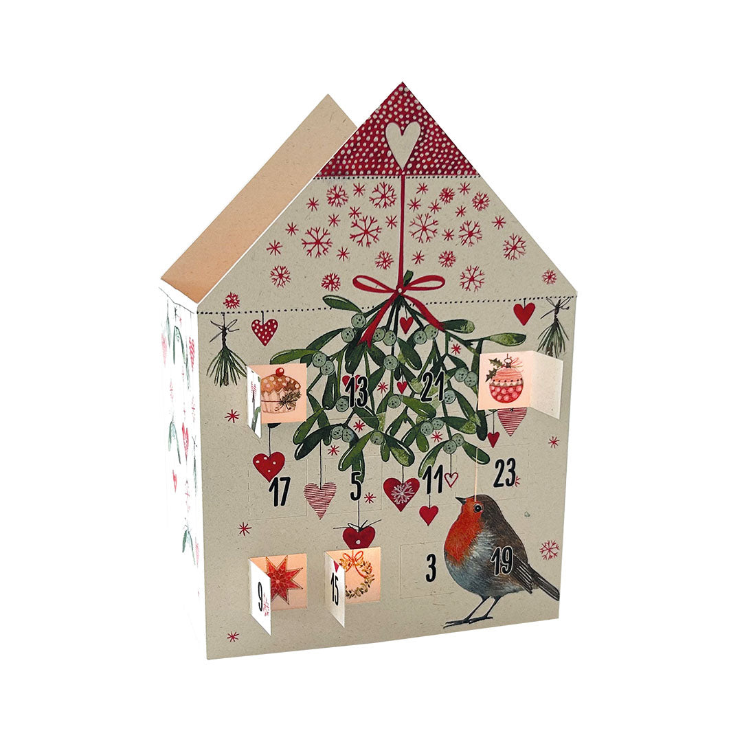Papier-Teelichthaus als Adventskalender mit einem detailgetreuen Rotkehlchen und einem großen Mistelzweig mit roten Herz-Anhängern.