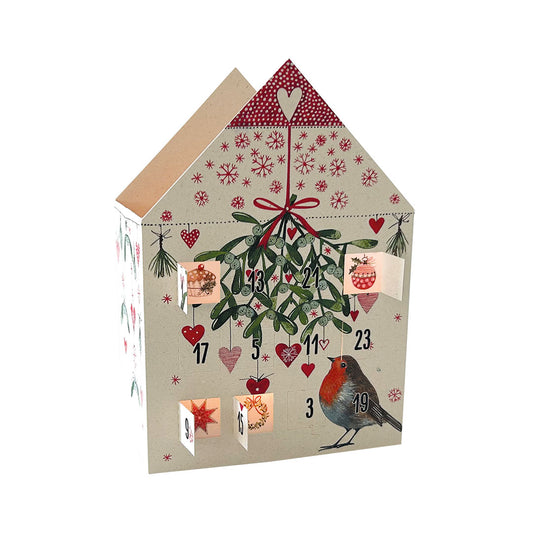 Papier-Teelichthaus als Adventskalender mit einem detailgetreuen Rotkehlchen und einem großen Mistelzweig mit roten Herz-Anhängern.