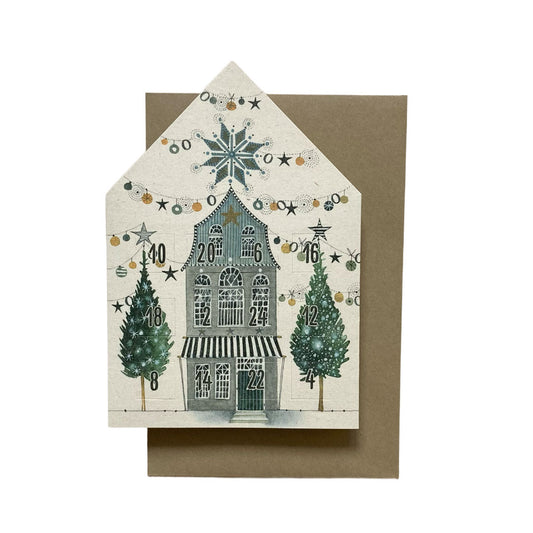 Edition Gollong Adventskalender-Haus mit der Illustration eines winterlichen Stadthauses im skandinavischen Stil und 