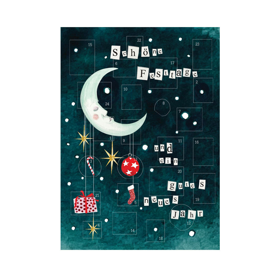 Adventskalender-Mond mit Gesicht, Weihnachtsstern, Zuckerstange, Geschenk, Weihnachtskugel und Socke vor dunkelgrünem Hintergrund mit Schneeflocken, Text 'Schöne Festtage und ein gutes neues Jahr' in ausgeschnittenen Buchstaben.
