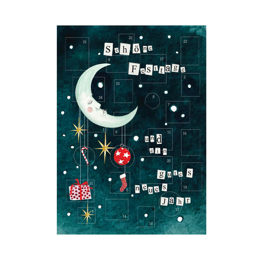 Adventskalender-Mond mit Gesicht, Weihnachtsstern, Zuckerstange, Geschenk, Weihnachtskugel und Socke vor dunkelgrünem Hintergrund mit Schneeflocken, Text 'Schöne Festtage und ein gutes neues Jahr' in ausgeschnittenen Buchstaben.