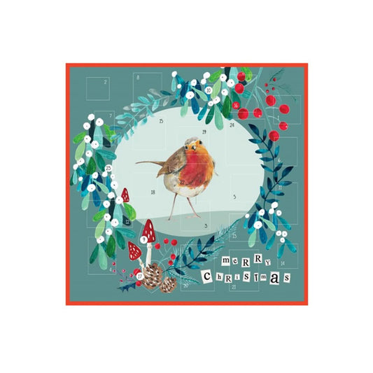 Adventskalender-Weihnachtskranz aus grünen Zweigen, weißen Beeren, roten Pilzen und Zapfen um einen Rotkehlchen-Vogel, darunter Schriftzug 'merry Christmas'.