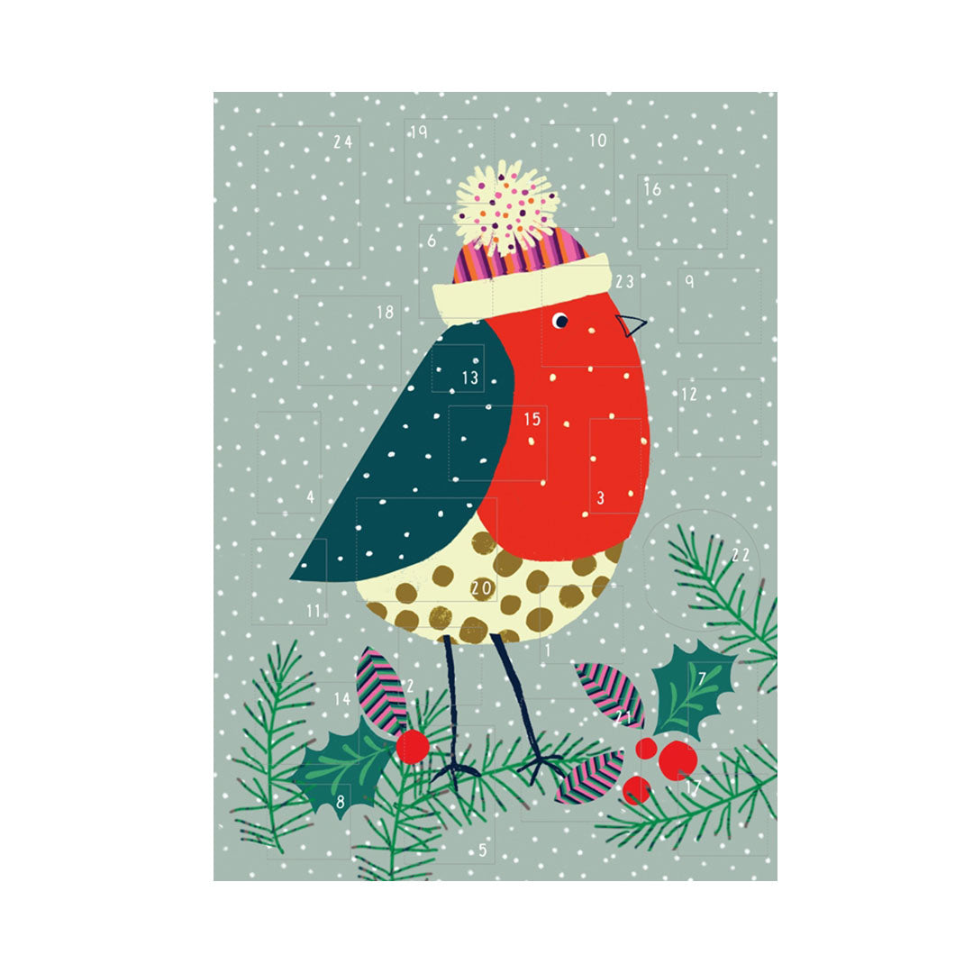 Adventskalender-Illustration eines Rotkehlchens mit roter Brust und blauem Rücken, das eine Mütze trägt, umgeben von Tannenzweigen, Zapfen und roten Beeren vor grauem Hintergrund mit weißen Schneeflocken.