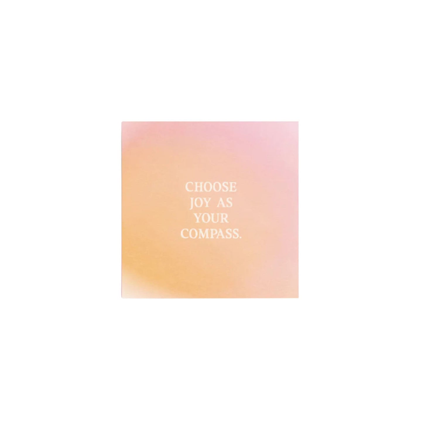 Minimalistische quadratische Minikarte von Anna Cosma mit dem Text „CHOOSE JOY AS YOUR COMPASS.“ auf einem sanft verlaufenden Hintergrund in Apricot, Orange und Rosa.
