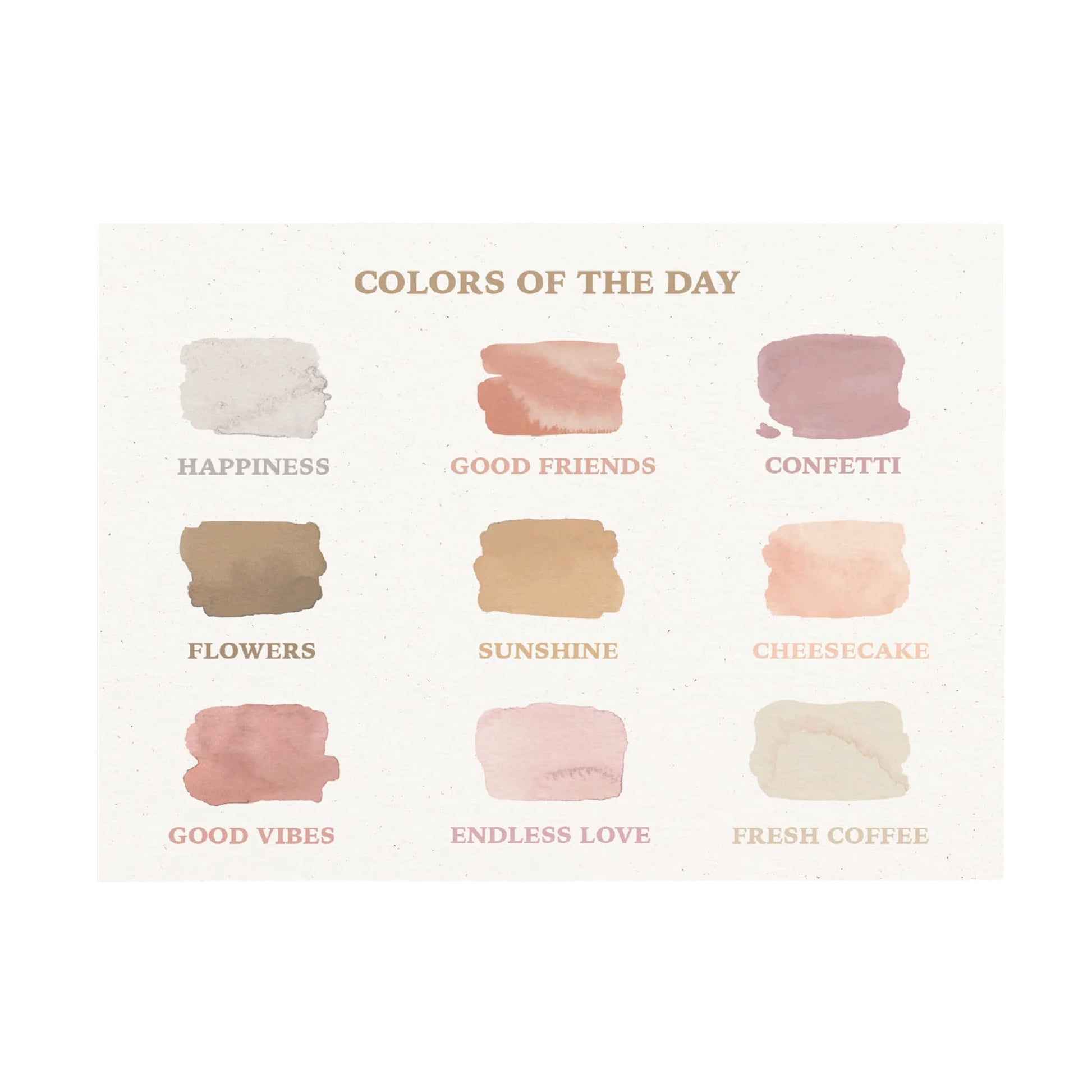 Querformatige Postkarte „COLORS OF THE DAY“ von Anna Cosma auf strukturiertem, hellem Papier. Zu sehen sind neun organische Aquarell-Farbkleckse in Pastell-, Rosé- und Erdtönen mit Begriffen wie „Happiness“, „Sunshine“ und „Good Vibes“.