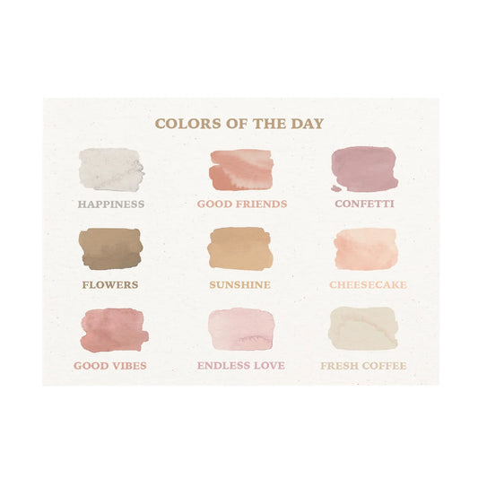 Querformatige Postkarte „COLORS OF THE DAY“ von Anna Cosma auf strukturiertem, hellem Papier. Zu sehen sind neun organische Aquarell-Farbkleckse in Pastell-, Rosé- und Erdtönen mit Begriffen wie „Happiness“, „Sunshine“ und „Good Vibes“.