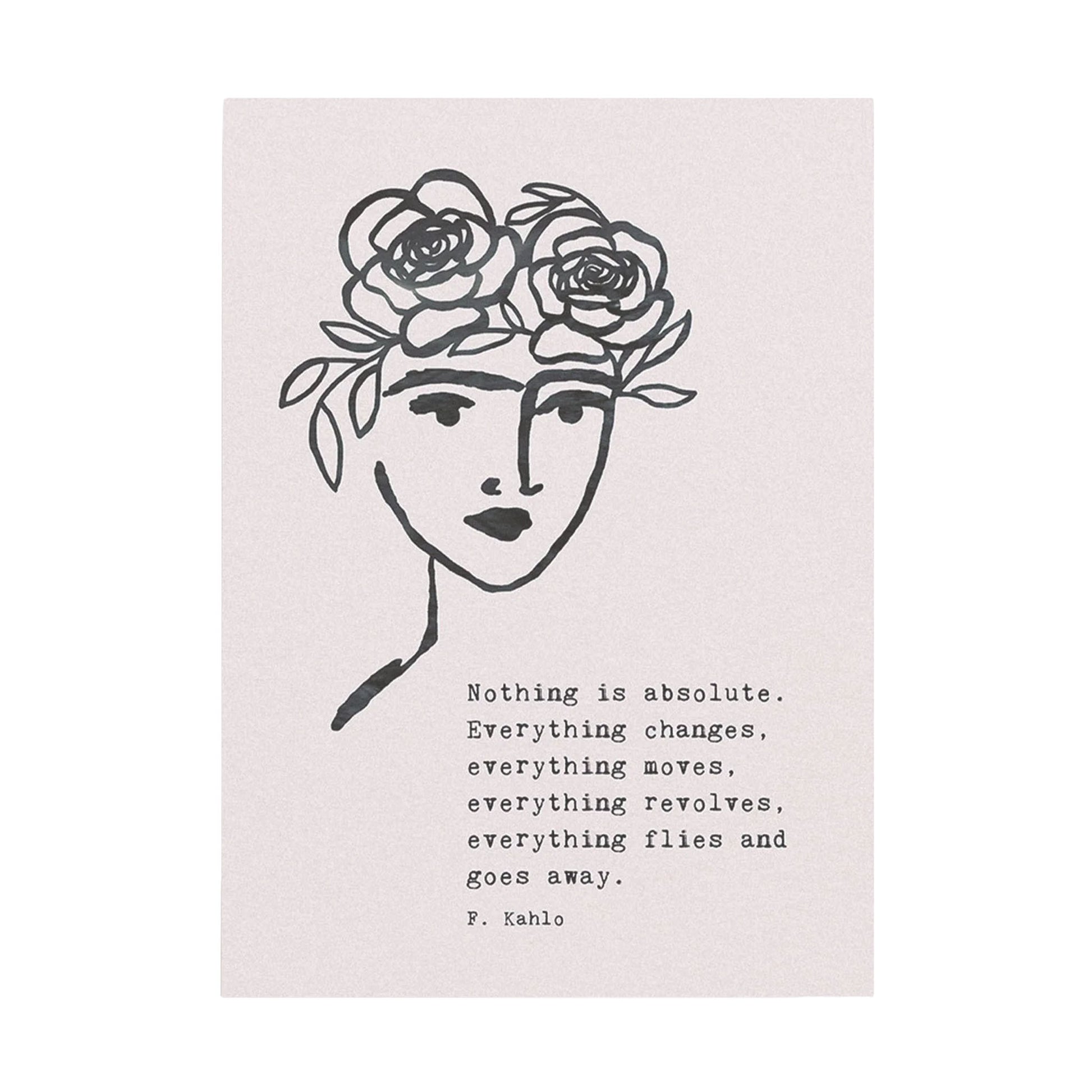 Postkarte von Anna Cosma mit einer minimalistischen Linienzeichnung eines Gesichts mit Blumen im Haar und dem aufgedruckten englischen Zitat von Frida Kahlo.
