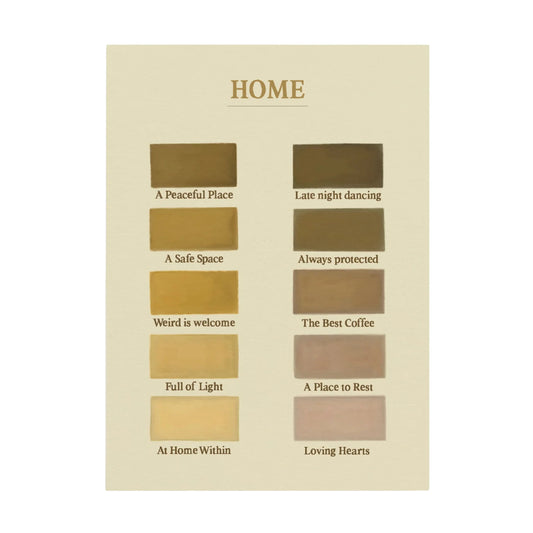 Hochformatige minimalistische Postkarte „HOME“ von Anna Cosma auf beigefarbenem Grund. Gezeigt werden zehn rechteckige Farbmuster in warmen Erd-, Ocker- und Kaffeetönen mit englischen Begriffen wie „A Safe Space“ und „The Best Coffee“.