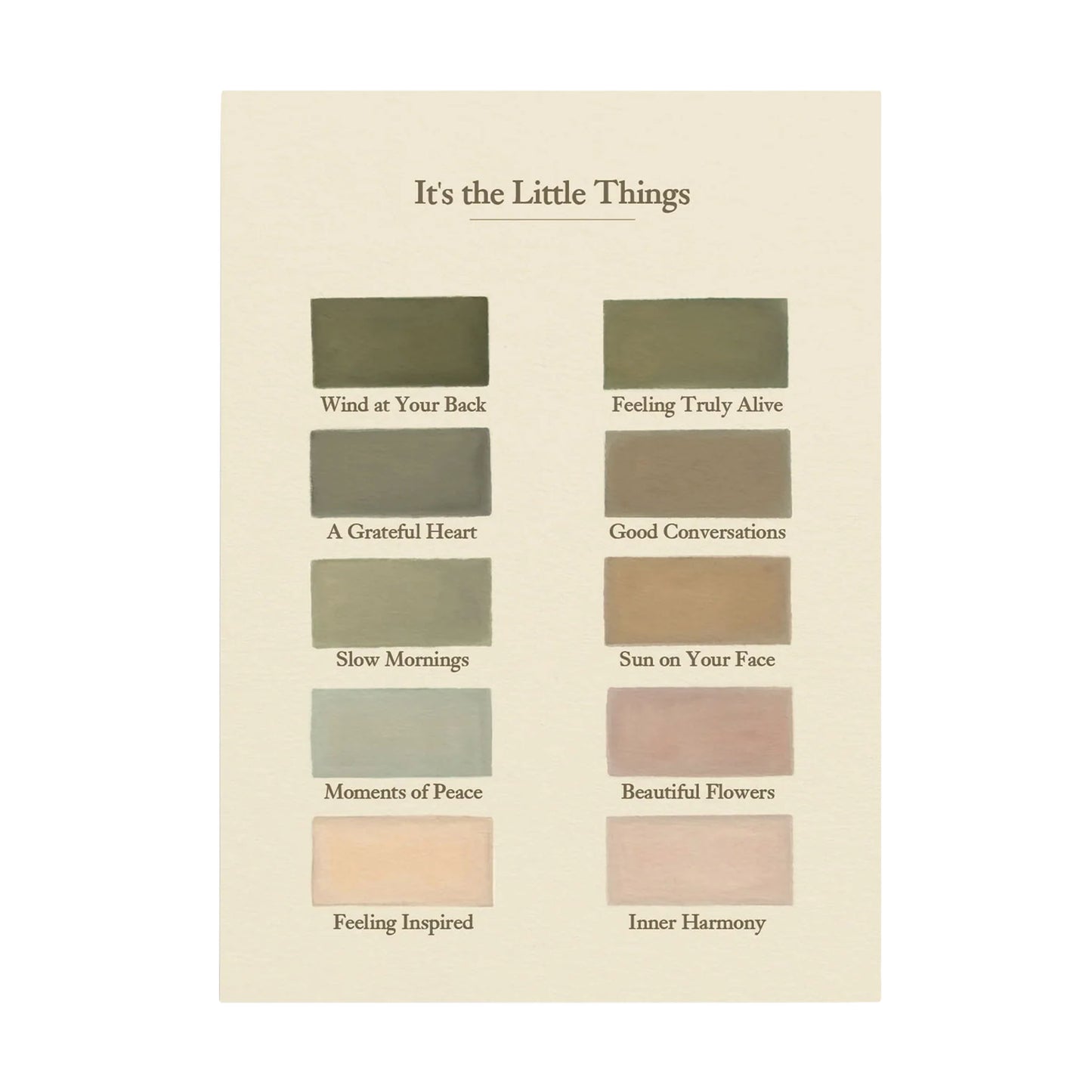 Hochformatige Postkarte von Anna Cosma in Creme mit der Überschrift „It's the Little Things“. Darunter zwei Spalten mit je fünf rechteckigen Farbfeldern in erdigen Grün-, Salbei-, Ocker- und Altrosatönen, beschriftet mit Begriffen wie „Slow Mornings“ und „Inner Harmony“.