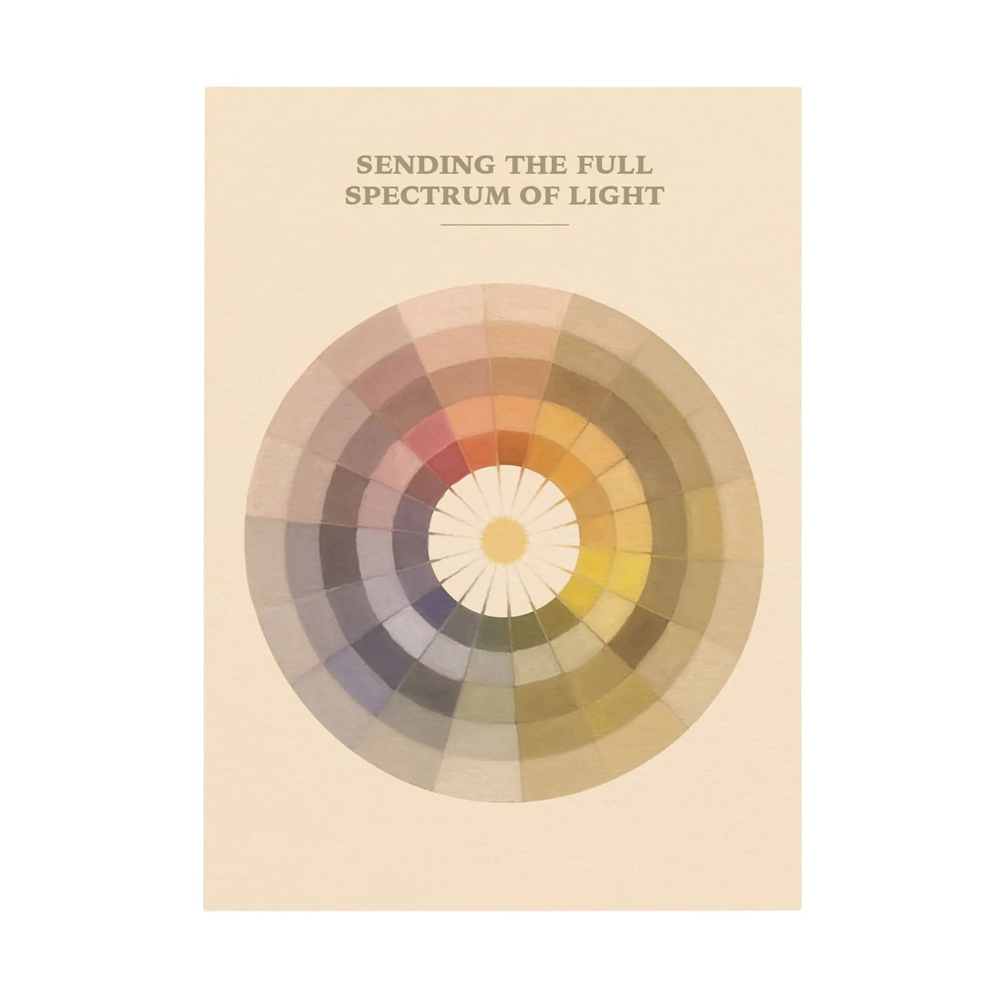 Hochformatige Postkarte von Anna Cosma auf cremefarbenem Naturpapier mit einem kunstvollen Farbkreis, einer zentralen Sonne und dem Text Sending the full spectrum of light.