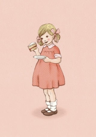 Mädchen mit blonden Zöpfen, rosa Kleid mit weißem Kragen, weißen Socken und braunen Schuhen hält einen Teller und ein Stück Kuchen.