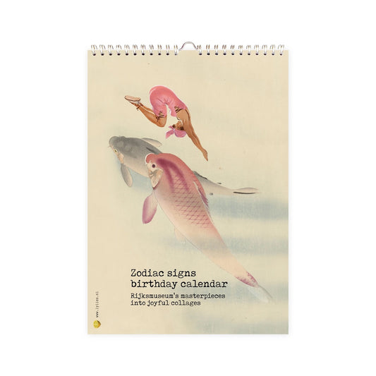 Cover des Lylies Geburtstagskalenders „Zodiac signs birthday calendar“. Die Collage zeigt zwei große japanische Kois in Grau und Rosa, über denen eine Akrobatin in einem pinken Kostüm schwebt. Der Hintergrund ist in einem sanften Cremeton gehalten. Unten steht der Text: „Rijksmuseum's masterpieces into joyful collages“.