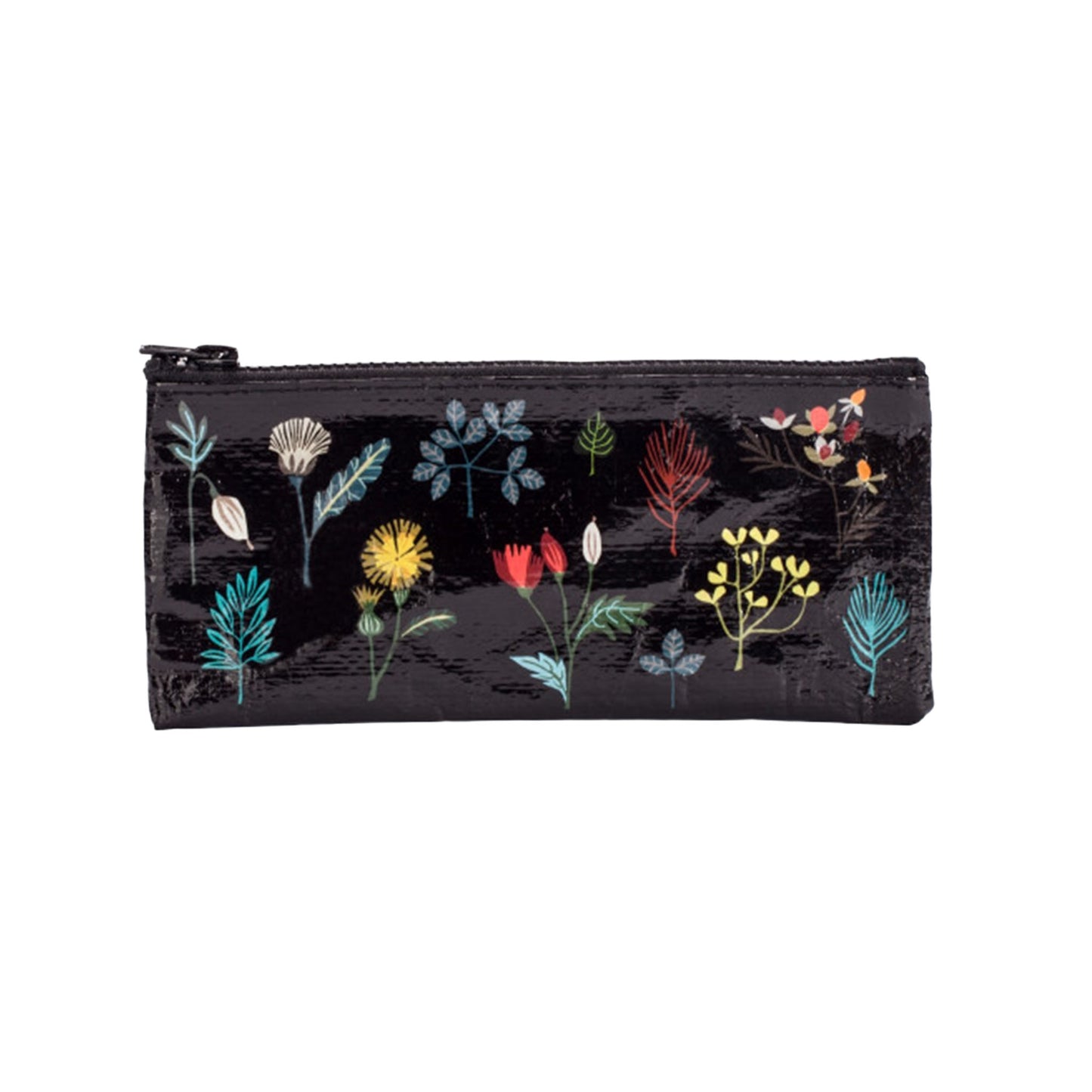 Schwarzes Blue Q Etui mit bunten botanischen Illustrationen von Wildblumen und Blättern.