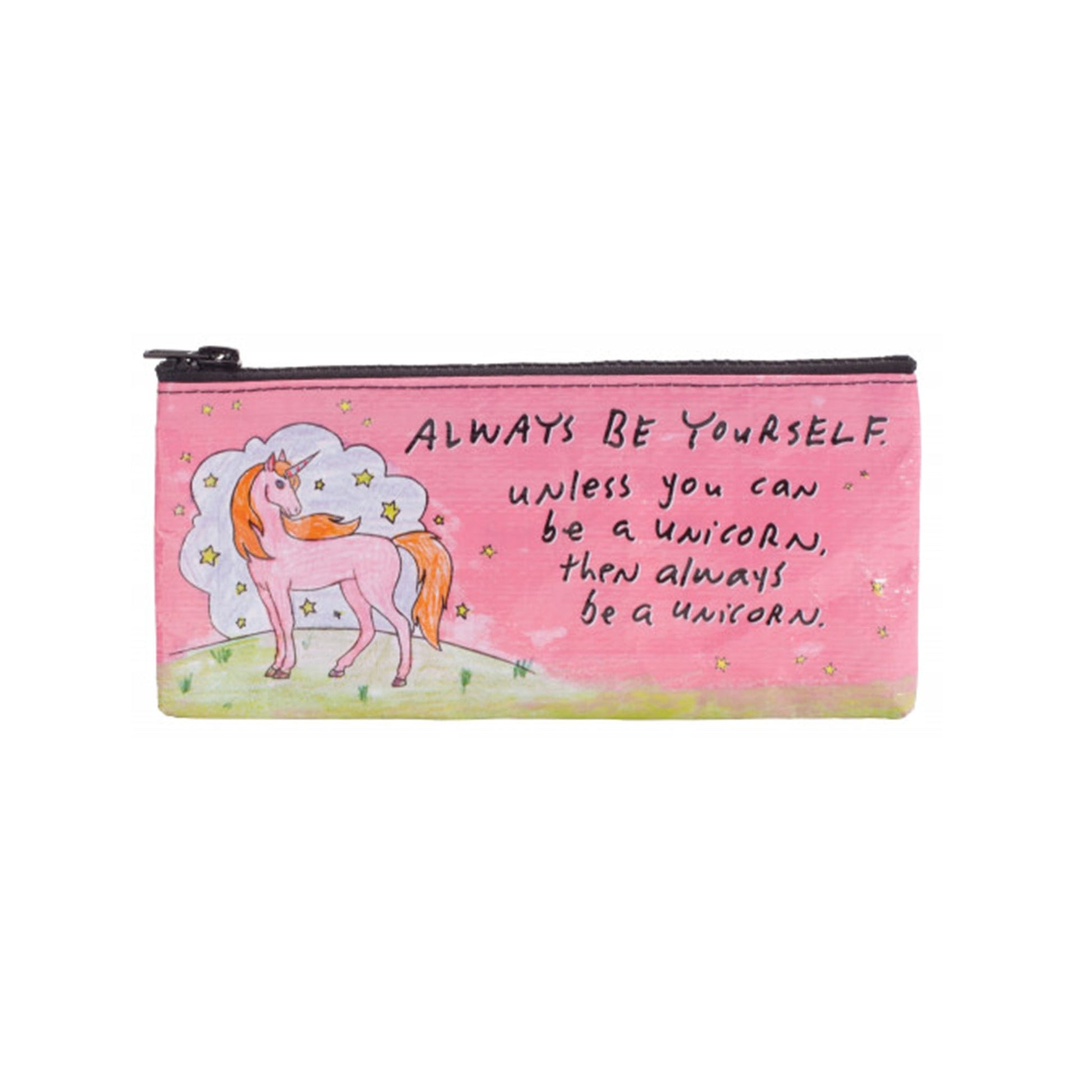 Rosa Blue Q Stiftemäppchen mit Einhorn-Illustration und dem englischen Spruch Always be yourself unless you can be a unicorn then always be a unicorn.