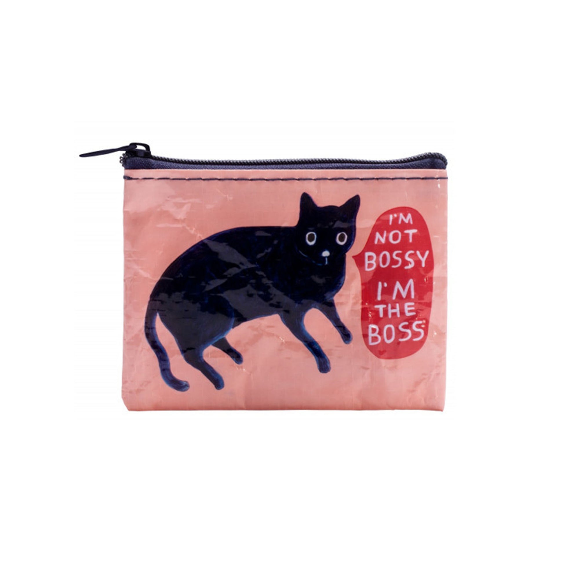 Alt-Rosa Blue Q Geldbörse mit schwarzer Katze und roter Sprechblase mit dem englischen Spruch I'm not bossy, I'm the boss.