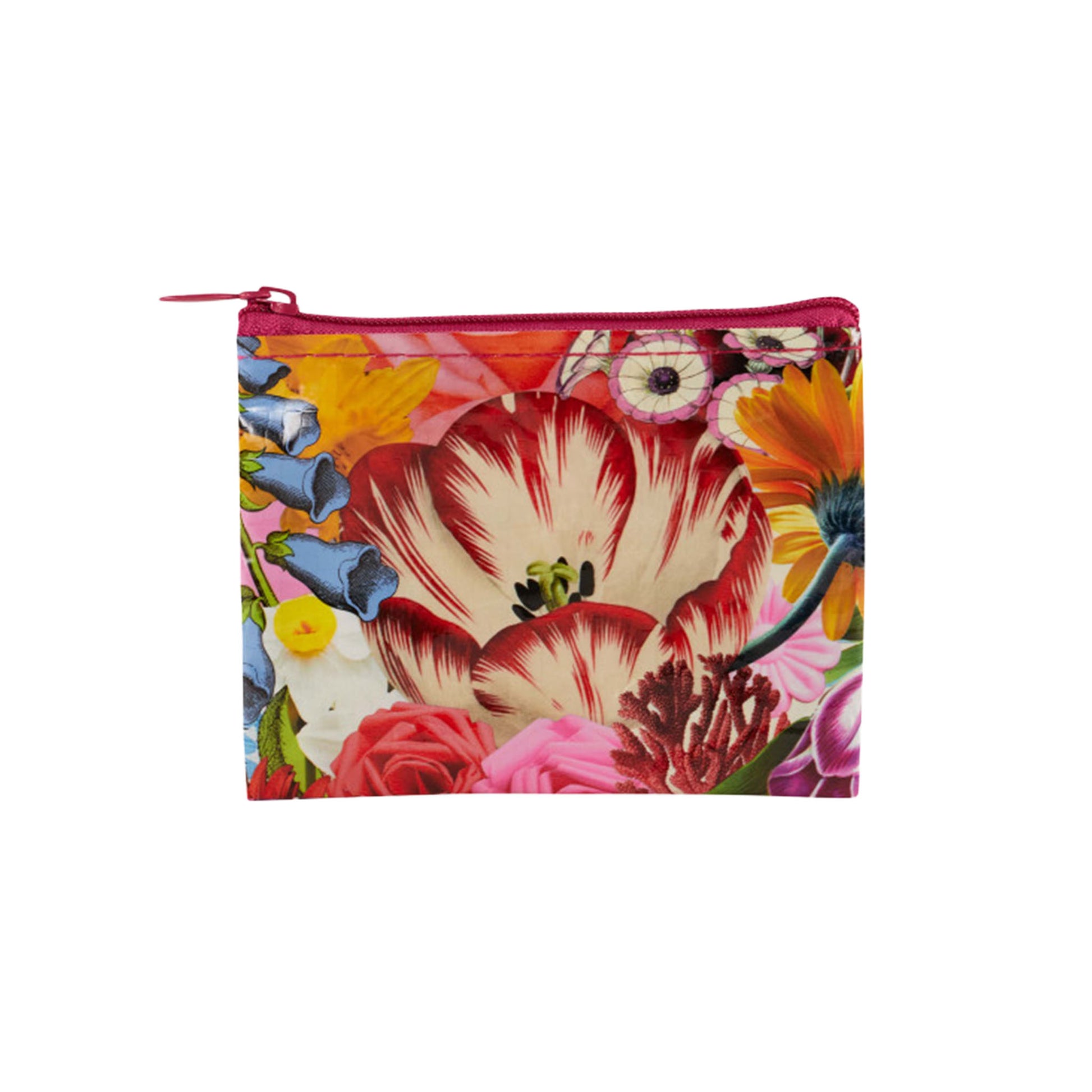Bunte Blue Q Geldbörse mit dichtem Motiv aus verschiedenen Blumen wie Tulpen und Rosen im Collagen-Stil.