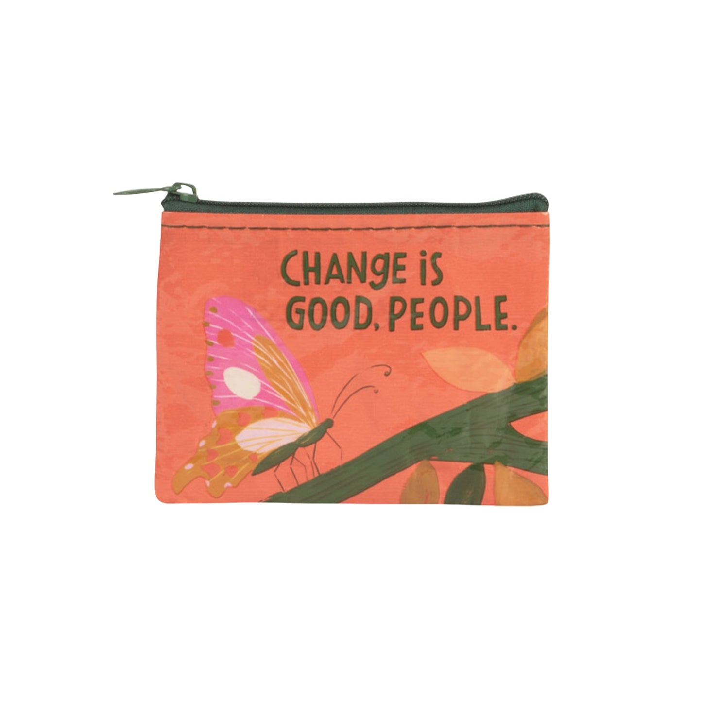Eine orangefarbene Geldbörse mit einem großen rosa-gelben Schmetterling auf einem Ast. Oben rechts steht der Text: „CHANGE IS GOOD, PEOPLE.“