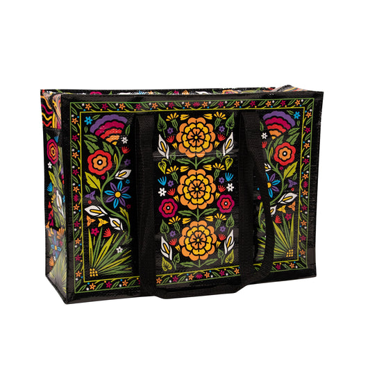 Große schwarze Einkaufstasche mit buntem Blumenmuster und schwarzen Tragegriffen