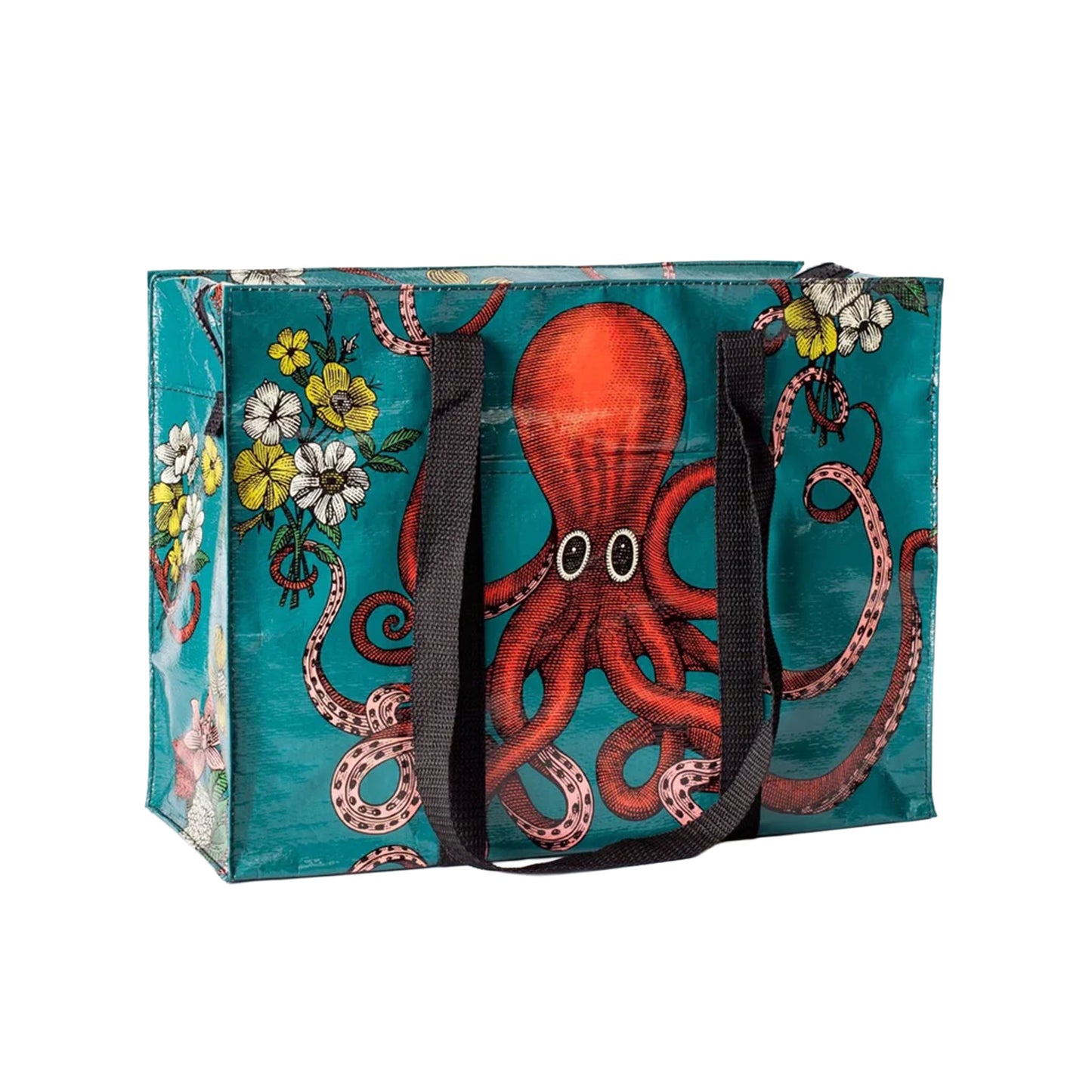 Tragetasche mit schwarzem Griff, bedruckt mit einem großen roten Oktopus und weißen Blumen auf türkisfarbenem Hintergrund