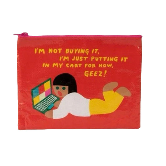 Rote Tasche mit Illustration einer liegenden Person und Text 'I'm not buying it, I'm just putting it in my cart for now, geez!'Rote Tasche mit Illustration einer liegenden Person und Text 'I'm not buying it, I'm just putting it in my cart for now, geez!'