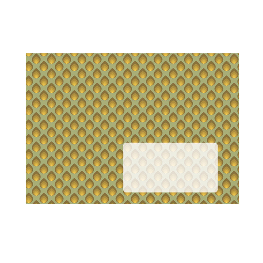 Eleganter Briefumschlag mit einem sich wiederholenden, tropfenförmigen Muster in Gold- und Grüntönen, mit Adressfenster.