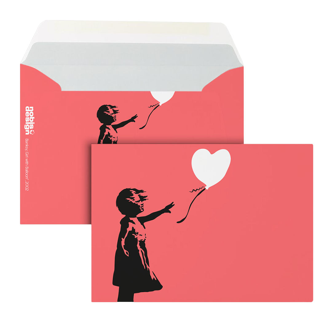 Neon-Briefumschlag in Lachsrot mit schwarzer Silhouette eines Mädchens und weißem Herzballon im Banksy-Stil, Set bestehend aus Umschlag und passender Karte.