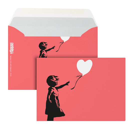 Neon-Briefumschlag in Lachsrot mit schwarzer Silhouette eines Mädchens und weißem Herzballon im Banksy-Stil, Set bestehend aus Umschlag und passender Karte.