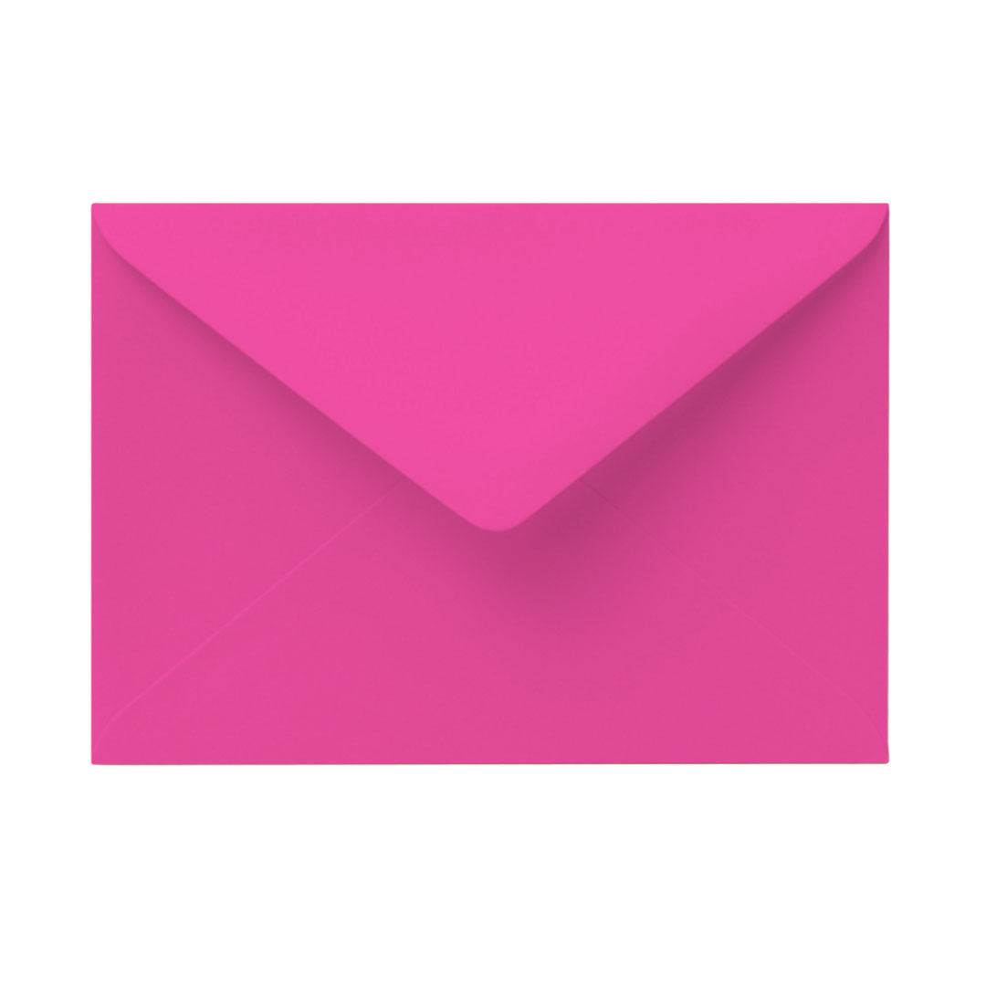 Neon-Briefumschlag in leuchtendem Pink, Draufsicht Rückseite mit spitzer Klappe auf weißem Hintergrund.
