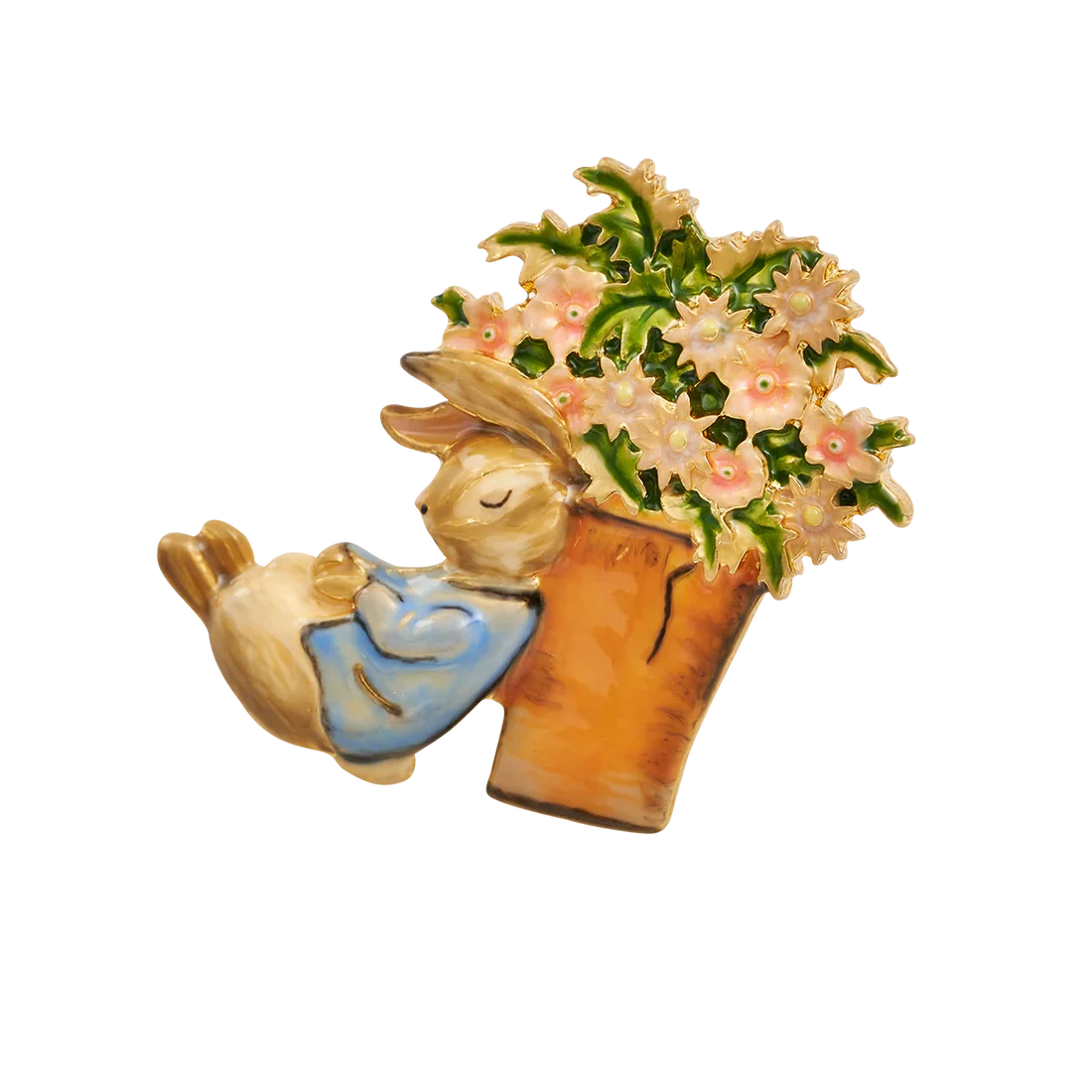 Handemaillierte Fable England Brosche mit Peter Hase, der schlafend an einem herbstlich-braunen Tontopf lehnt, gefüllt mit rosa Blumen und grünen Blättern
