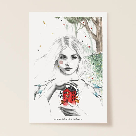 Zeichnung einer Person mit langen Haaren, die ein kleines rotes Haus zwischen den Händen hält, umgeben von Blättern und einem Baum im Hintergrund.