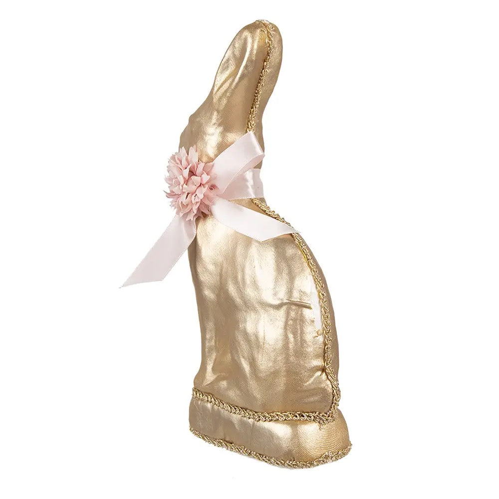 Dekorative goldene Hasenfigur von Clayre & Eef mit rosa Schleife und Textilblüte, elegante Osterdekoration in glänzendem Gold-Look.