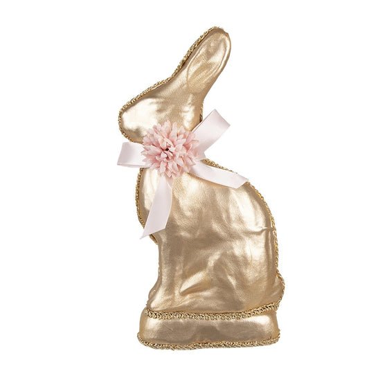 Dekorative goldene Hasenfigur von Clayre & Eef mit rosa Schleife und Textilblüte, elegante Osterdekoration in glänzendem Gold-Look.