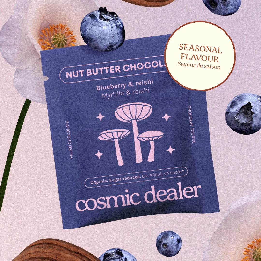 Violette Verpackung der Cosmic Dealer Schokolade mit Pilz-Illustration und Aufschrift "Blueberry & Reishi".