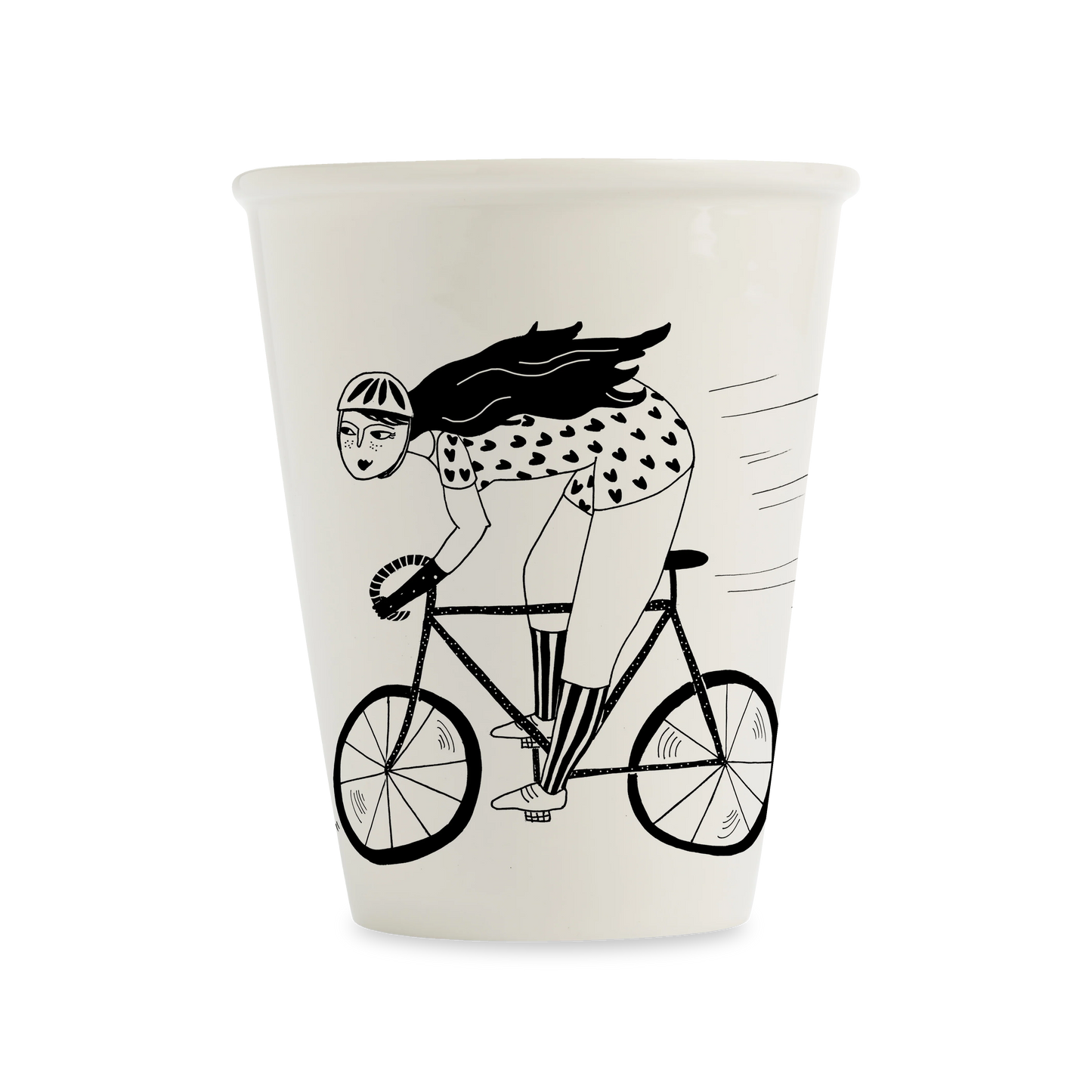 helen b Porzellanbecher mit Illustration einer Frau auf einem Fahrrad