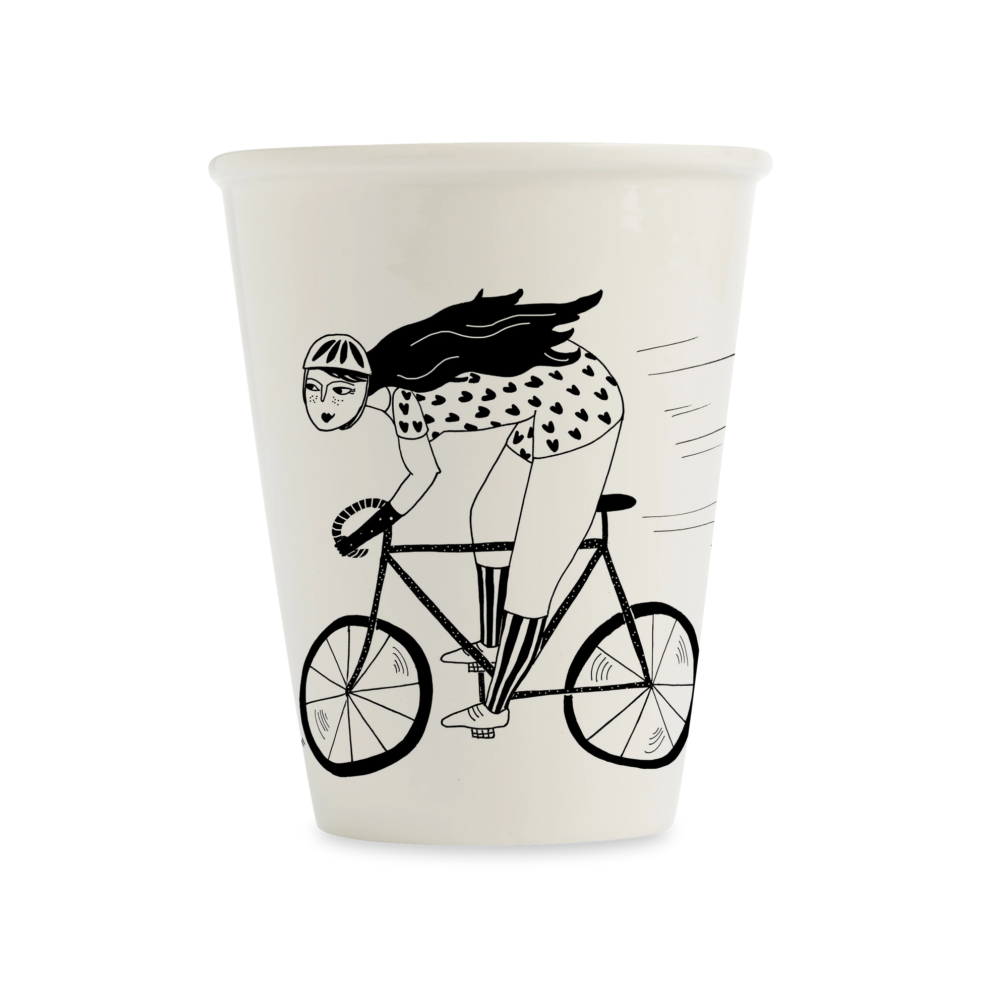 helen b Porzellanbecher mit Illustration einer Frau auf einem Fahrrad