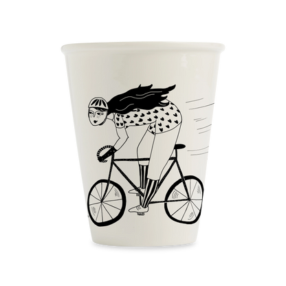 helen b Porzellanbecher mit Illustration einer Frau auf einem Fahrrad