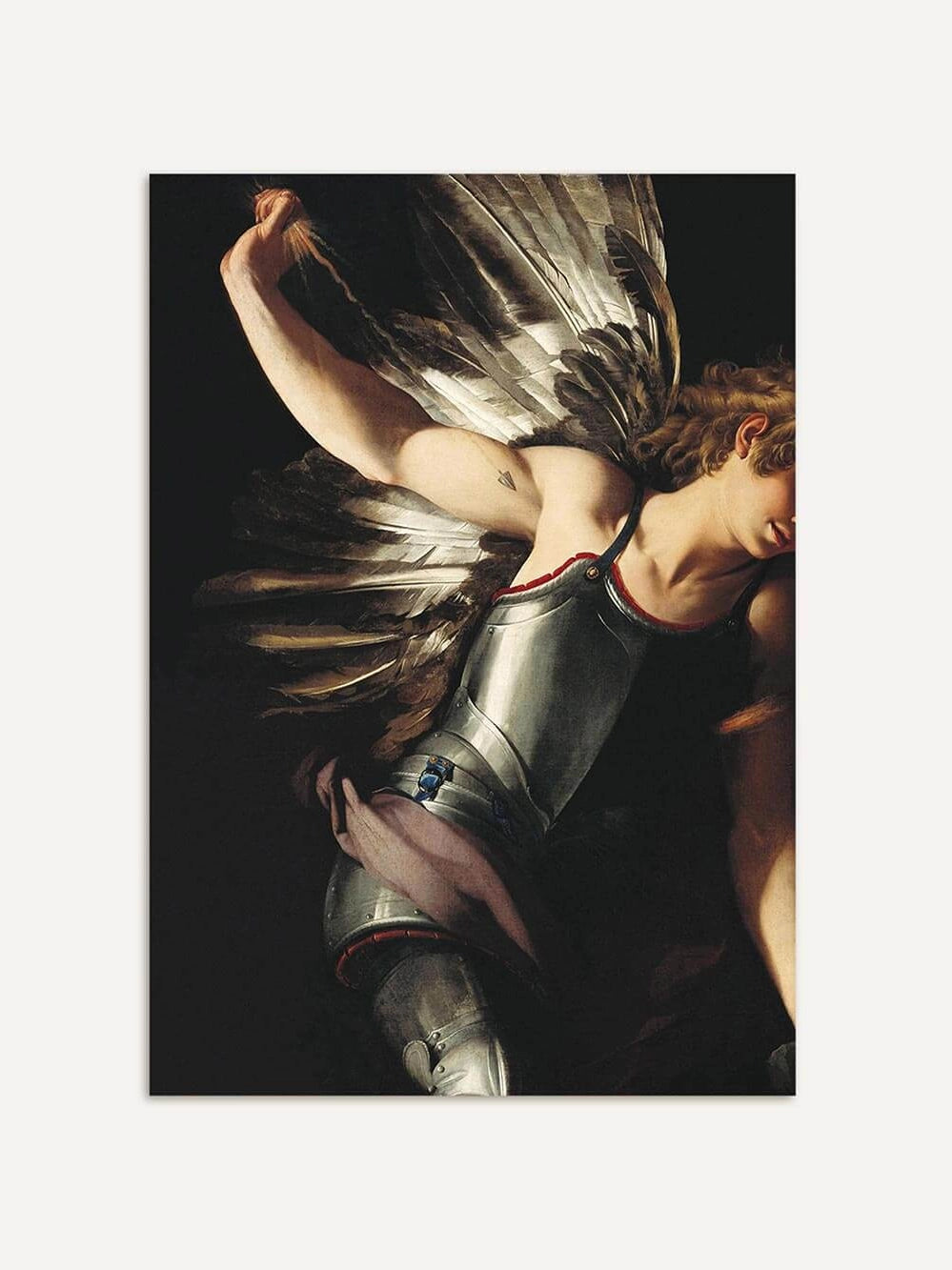 Kunst-Kunstdruck Ausschnitt von Giovanni Bagliones barockem Gemälde "Der göttliche Eros besiegt den irdischen Eros" (1602) mit gepanzertem Engel und ausgebreiteten Flügeln vor dunklem Hintergrund.