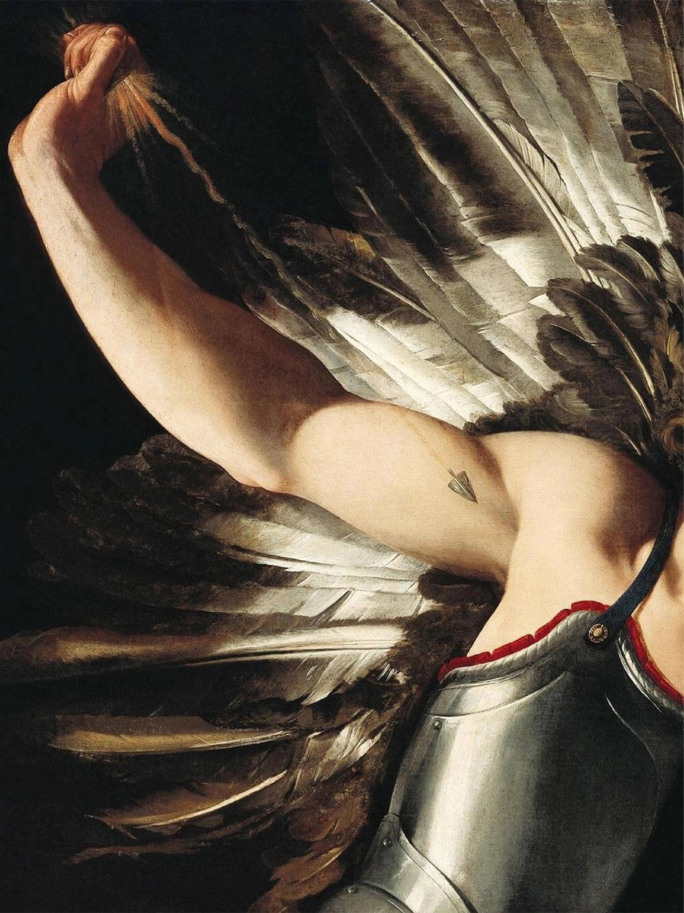 Kunst-Kunstdruck Ausschnitt von Giovanni Bagliones barockem Gemälde "Der göttliche Eros besiegt den irdischen Eros" (1602) mit gepanzertem Engel und ausgebreiteten Flügeln vor dunklem Hintergrund.