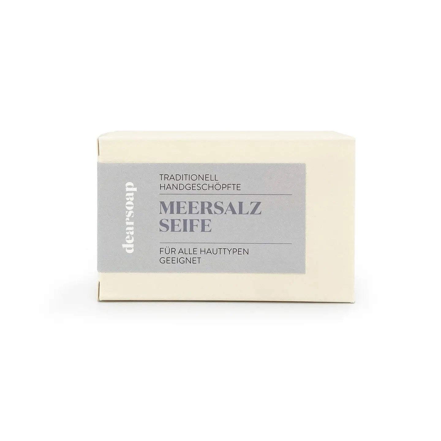 Verpackung der Marke clearsoap, traditionelle handgeschöpfte Meersalzseife, geeignet für alle Hauttypen