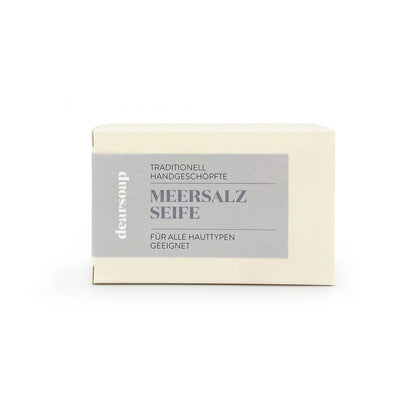 Verpackung der Marke clearsoap, traditionelle handgeschöpfte Meersalzseife, geeignet für alle Hauttypen