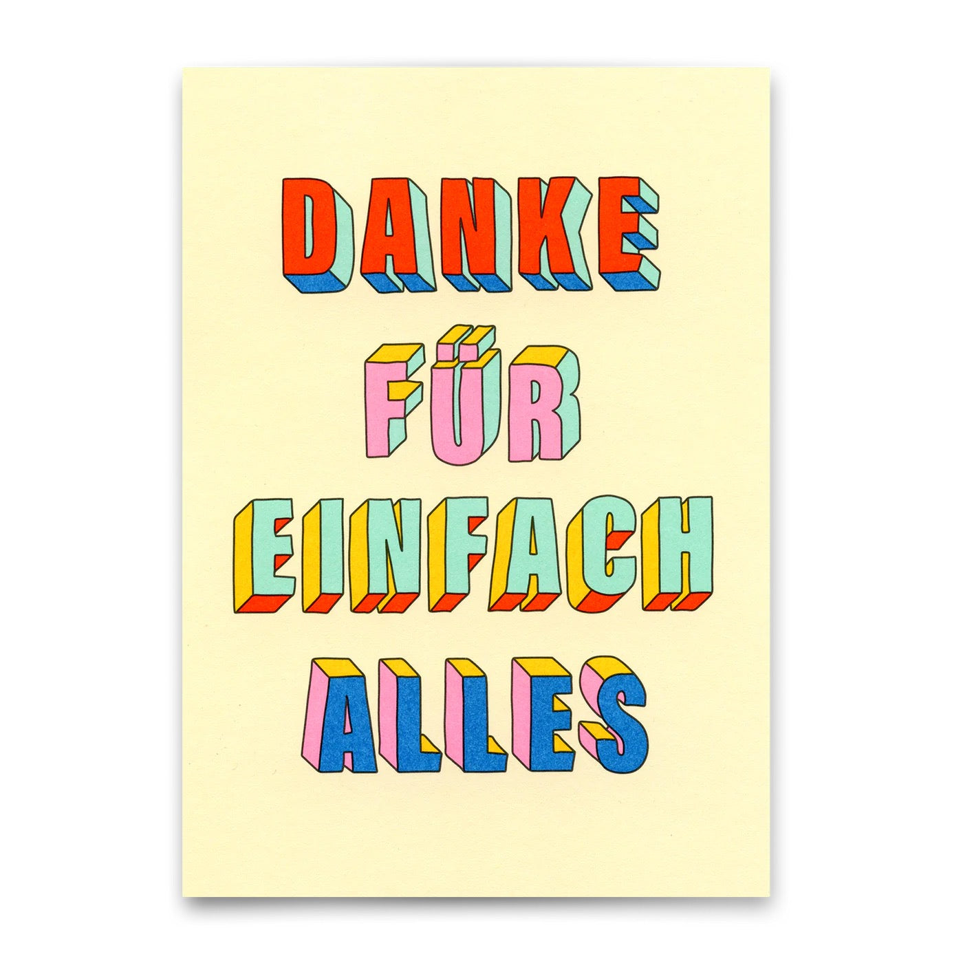 remefarbene Postkarte mit bunten, dreidimensionalen Buchstaben, die den Satz „DANKE FÜR EINFACH ALLES“ bilden.
