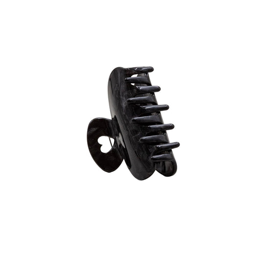 Seitliche Ansicht einer schwarzen Haarklammer mit kräftigen Greifzinken auf weißem Hintergrund.