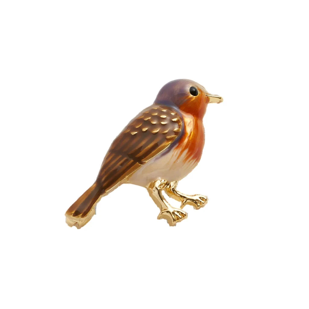 Vogelbrosche Rotkehlchen in Braun- und Orangetönen mit goldfarbenen Beinen und Schnabel