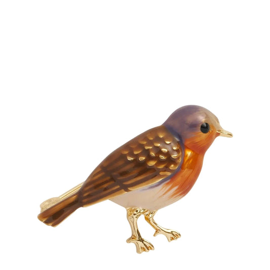 Vogelbrosche Rotkehlchen in Braun- und Orangetönen mit goldfarbenen Beinen und Schnabel