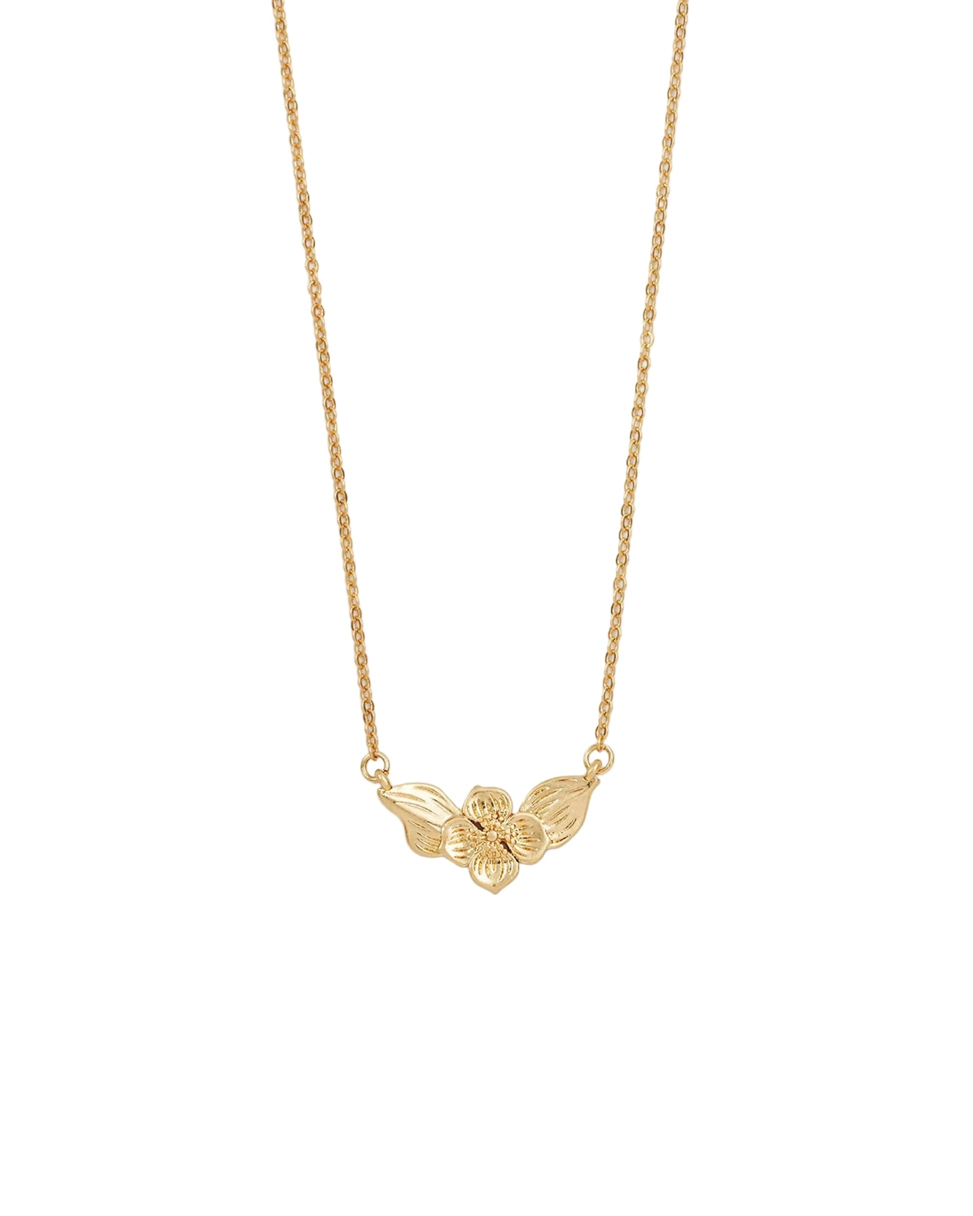 Halskette mit goldfarbener Kette und Anhänger in Form einer Blüte mit zwei Blättern von hinten.