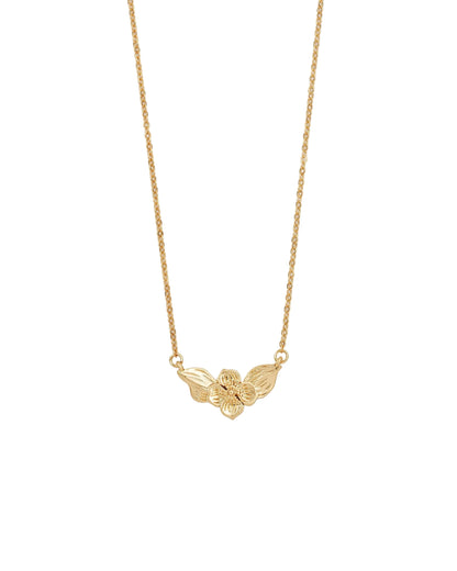Halskette mit goldfarbener Kette und Anhänger in Form einer Blüte mit zwei Blättern von hinten.