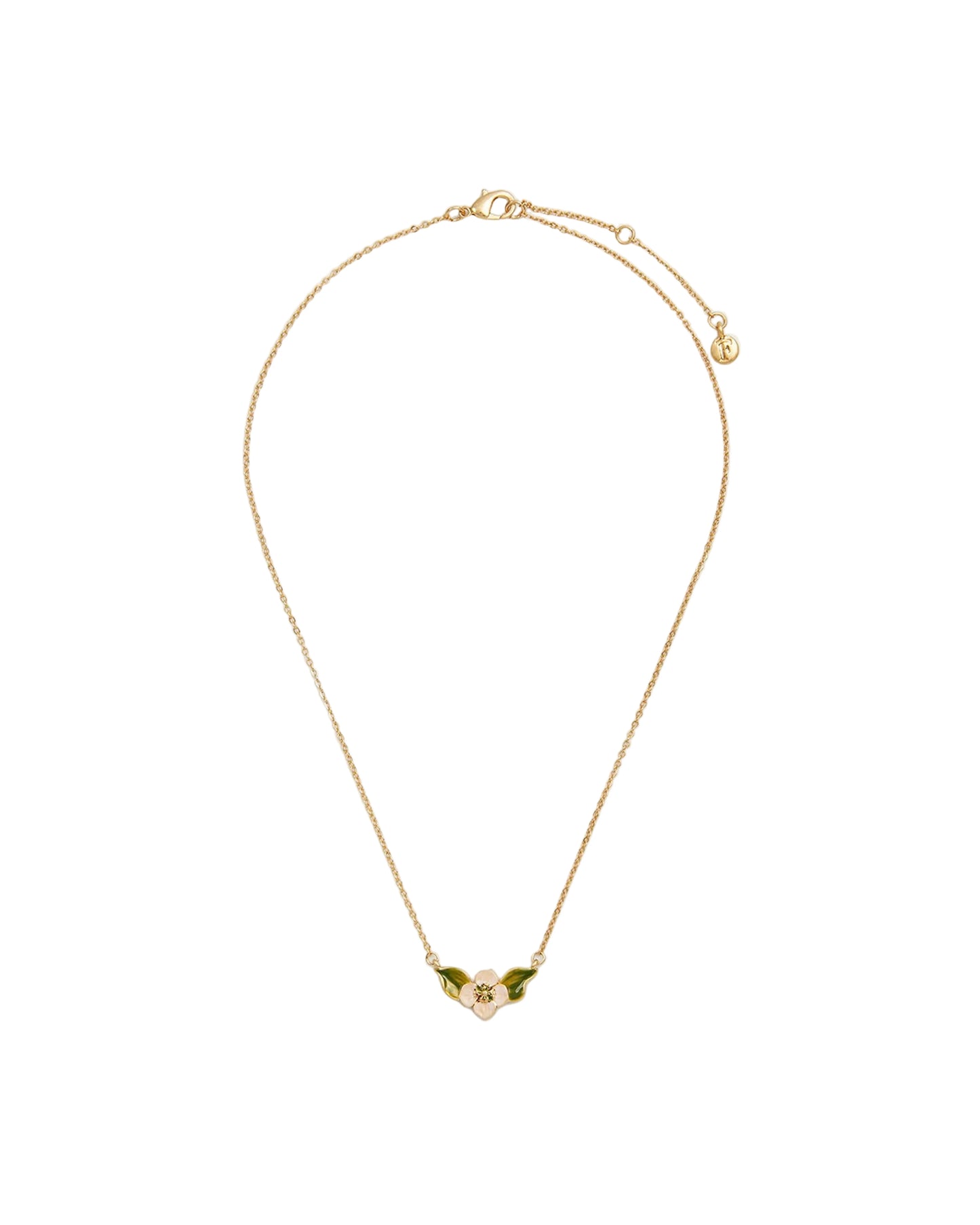 Halskette mit goldfarbener Kette und Anhänger in Form einer Blüte mit zwei Blättern.