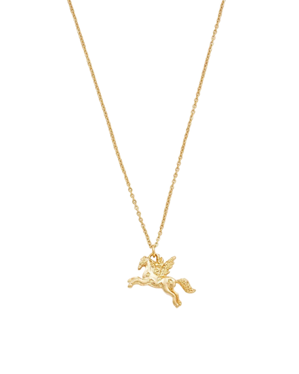 Nahaufnahme einer goldfarbenen Halskette auf weißem Hintergrund mit einem Pegasus-Anhänger in fliegender Pose.