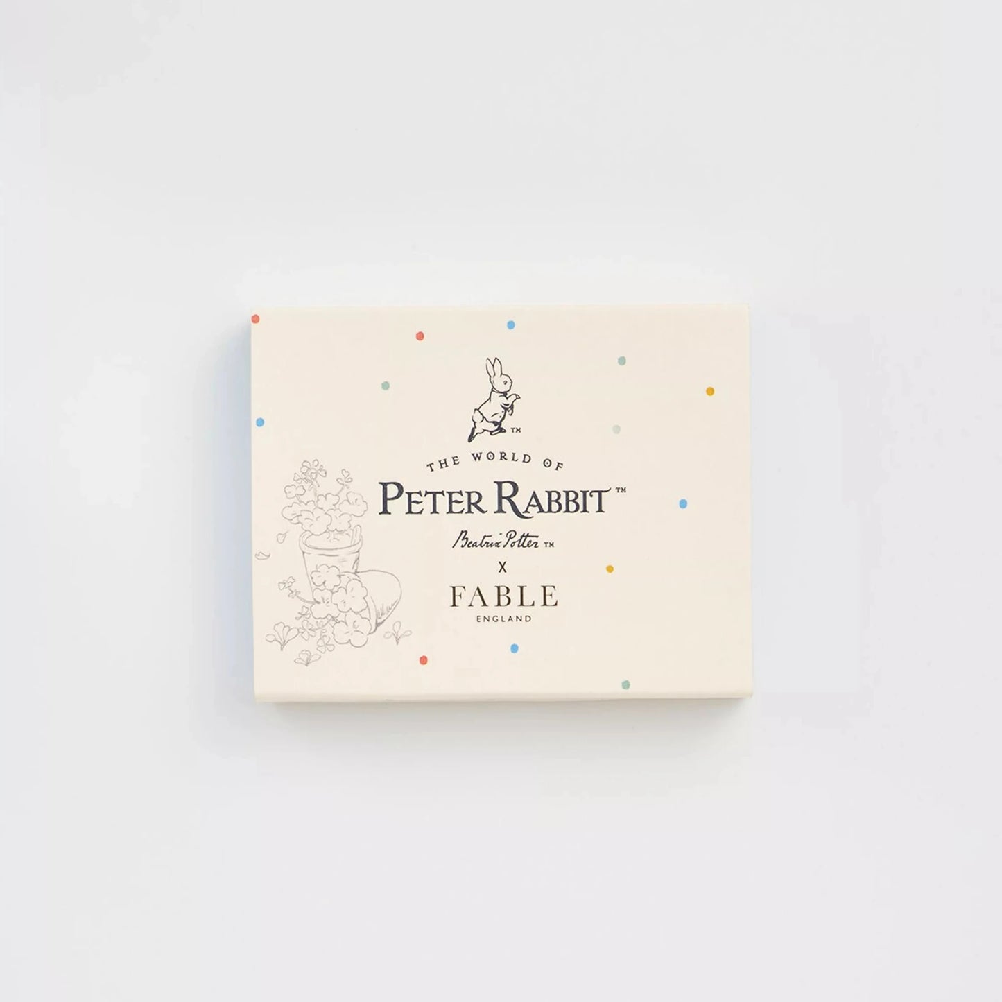 Schachtel mit Aufdruck 'The World of Peter Rabbit x Fable England' und Illustration eines Hasen sowie Blumenranken, umgeben von bunten Punkten.