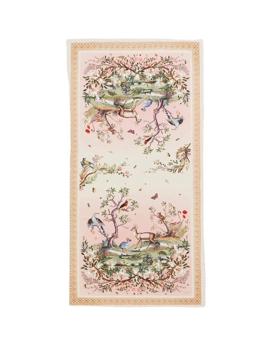 Gesamtes Design des Fable England Schals „Enchanted Garden“ mit Rehen, Dodos, Tukanen und Magnolien auf einem rosa-cremefarbenen Farbverlauf.